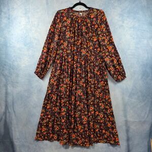 Old Navy Womens Floral Tiered Midi Dress Burgundy Long Sleeve Maroon Size M